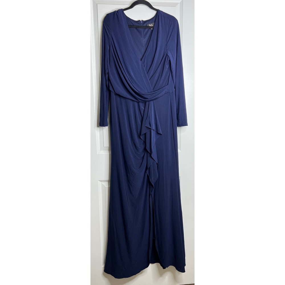 Betsy & Adam Navy Blue Faux Wrap Ruffle Maxi Gown Dress 16 Evening Gown Formal